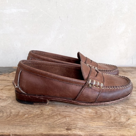 RALPH LAUREN Loafers Soft Lt Brown Leather Whip Stitched Handmade in Main USA 6B - Picture 8 of 13